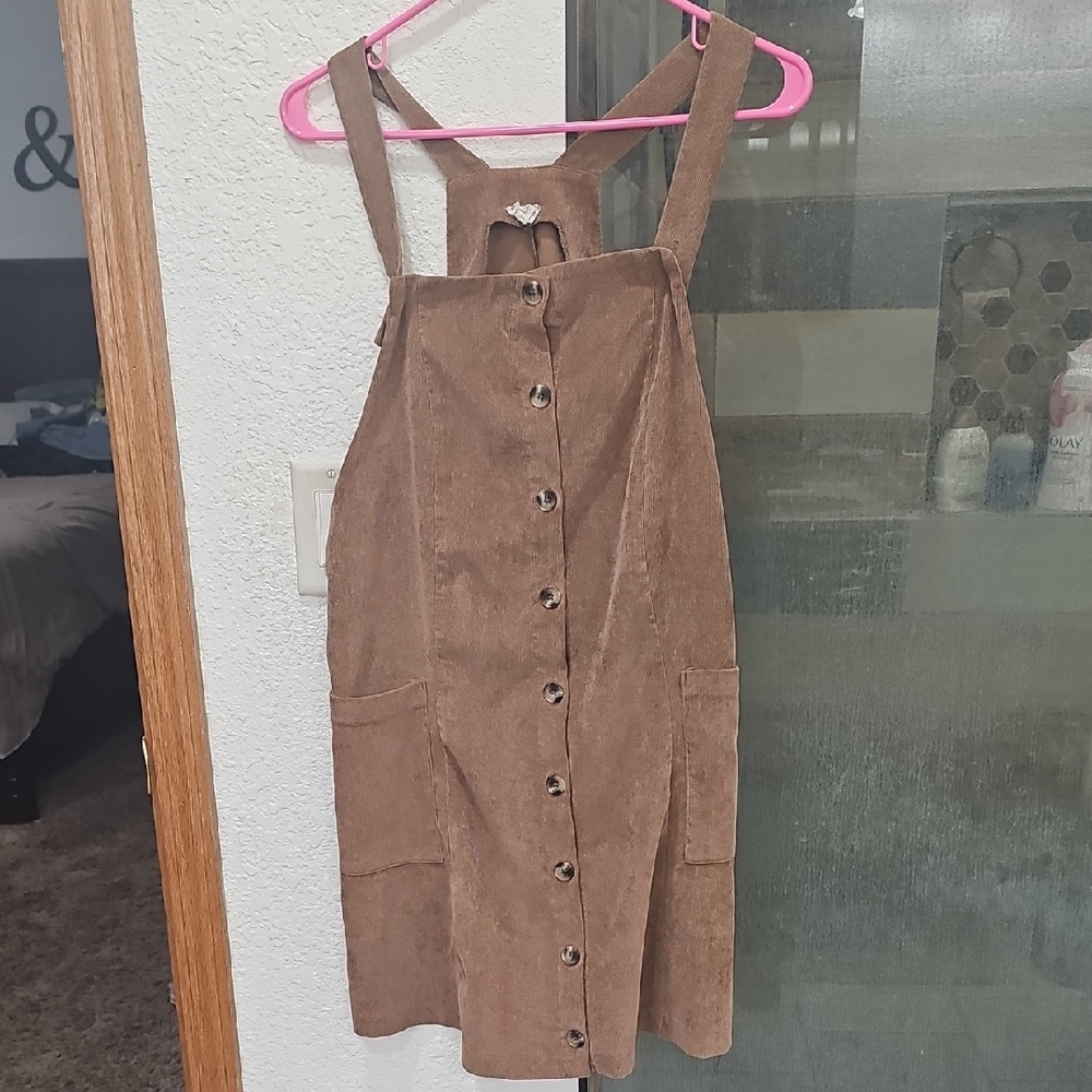 Brown Corduroy Button-Front Pinafore Dress